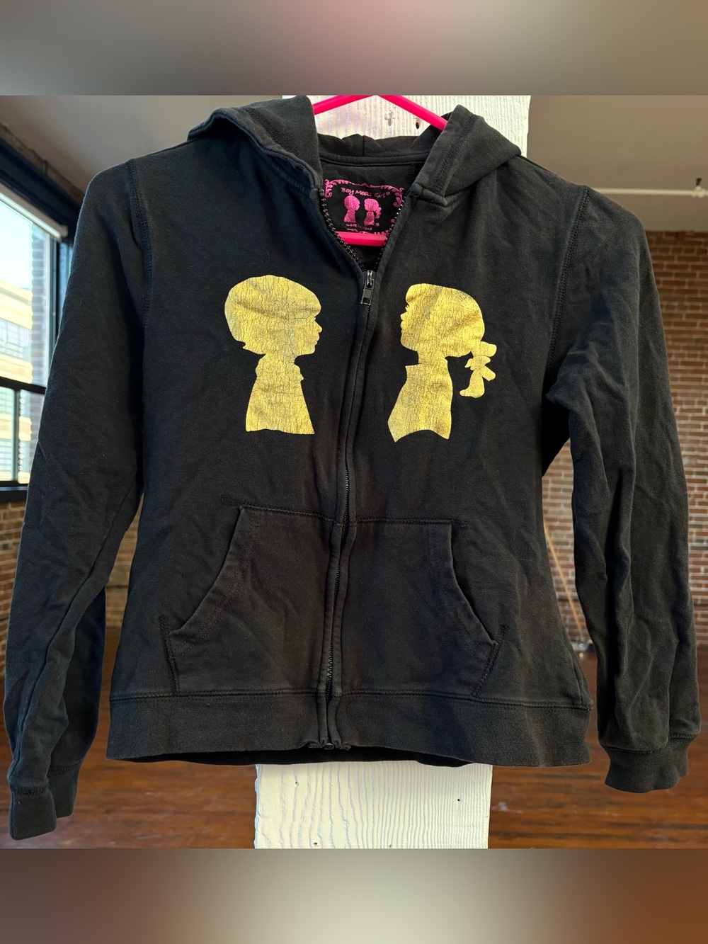 BOY MEETS GIRL Zip Up Hoodie Sweatshirt Black & Gold Silhouettes Girls 12 RARE
